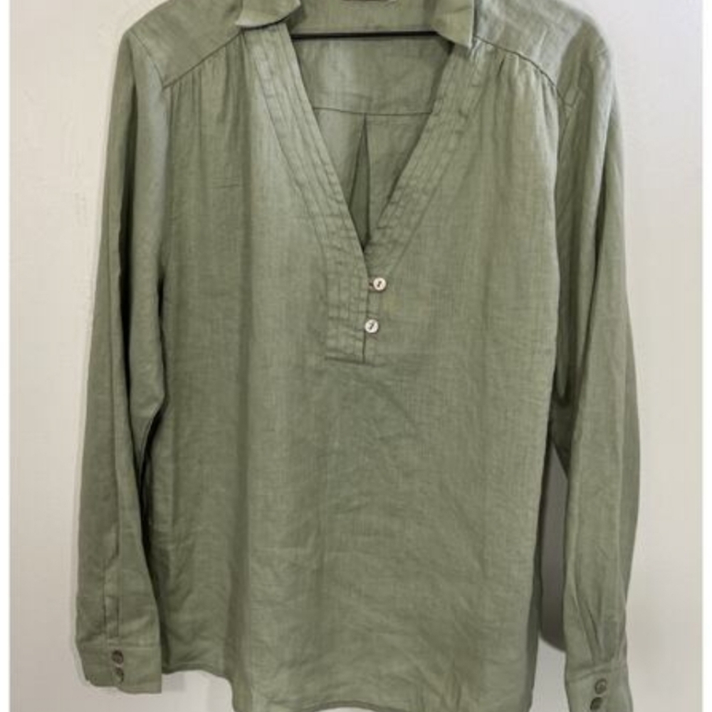Grae Cove Women XL Linen Shirt Green Flax Collared Pearl Button Pullover Top
